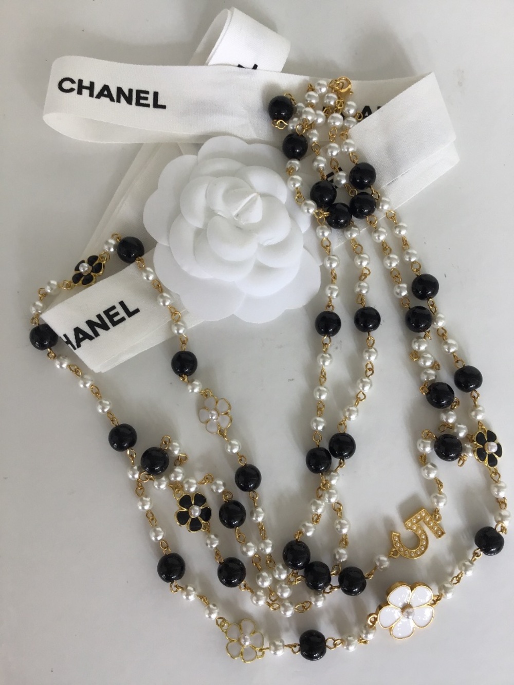 Black and white faux pearl double strand necklace